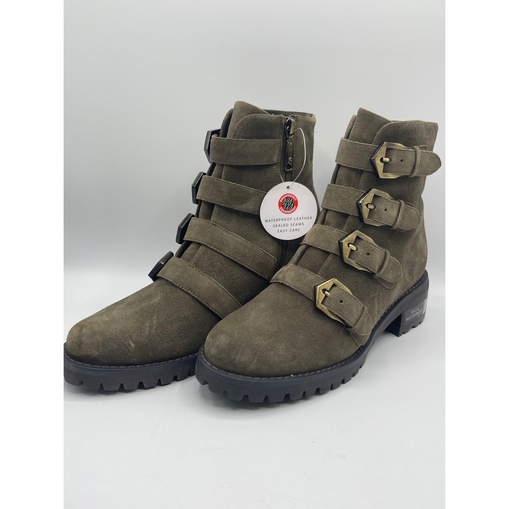 Blondo Waterproof Suede Buckle Ankle Boots Olive Green Lug Sole B7307 375 8M